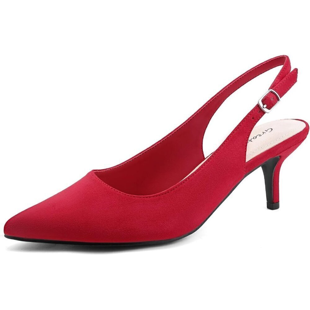 🆕Red Suede Women’s Low Heel Pumps Closed Pointed Toe Kitten Heels Wedding Party